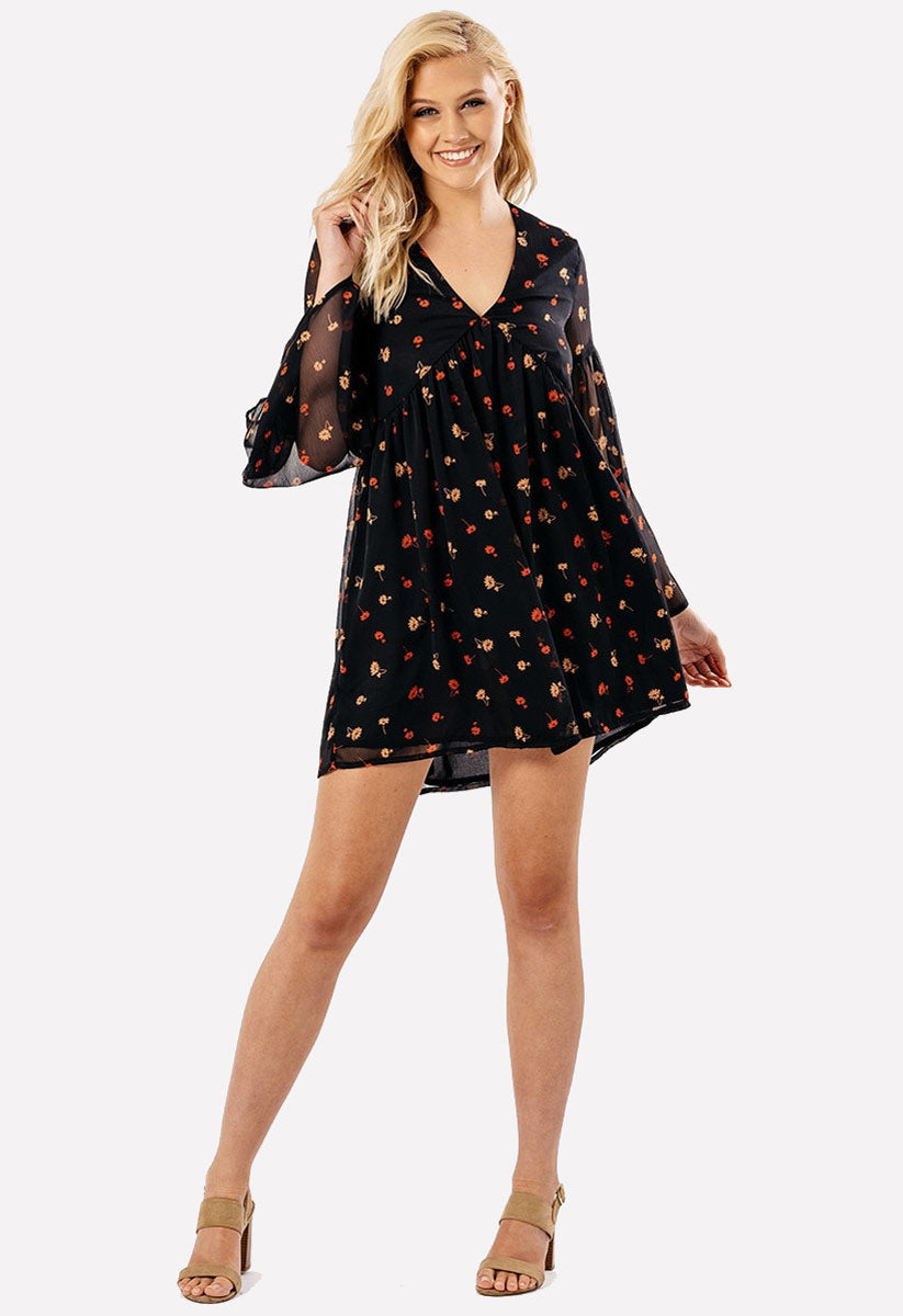 Black Multi Floral Print Floaty Mini Dress