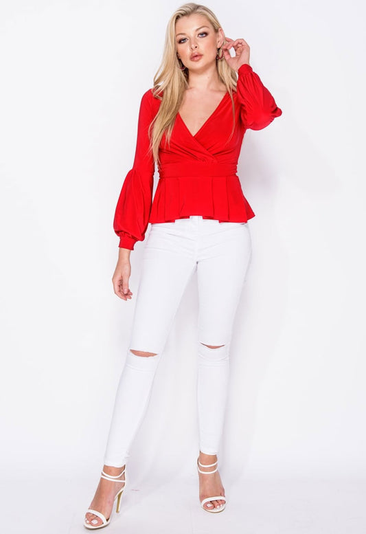 Red Peplum Hem Wrap Front Full Sleeve Top