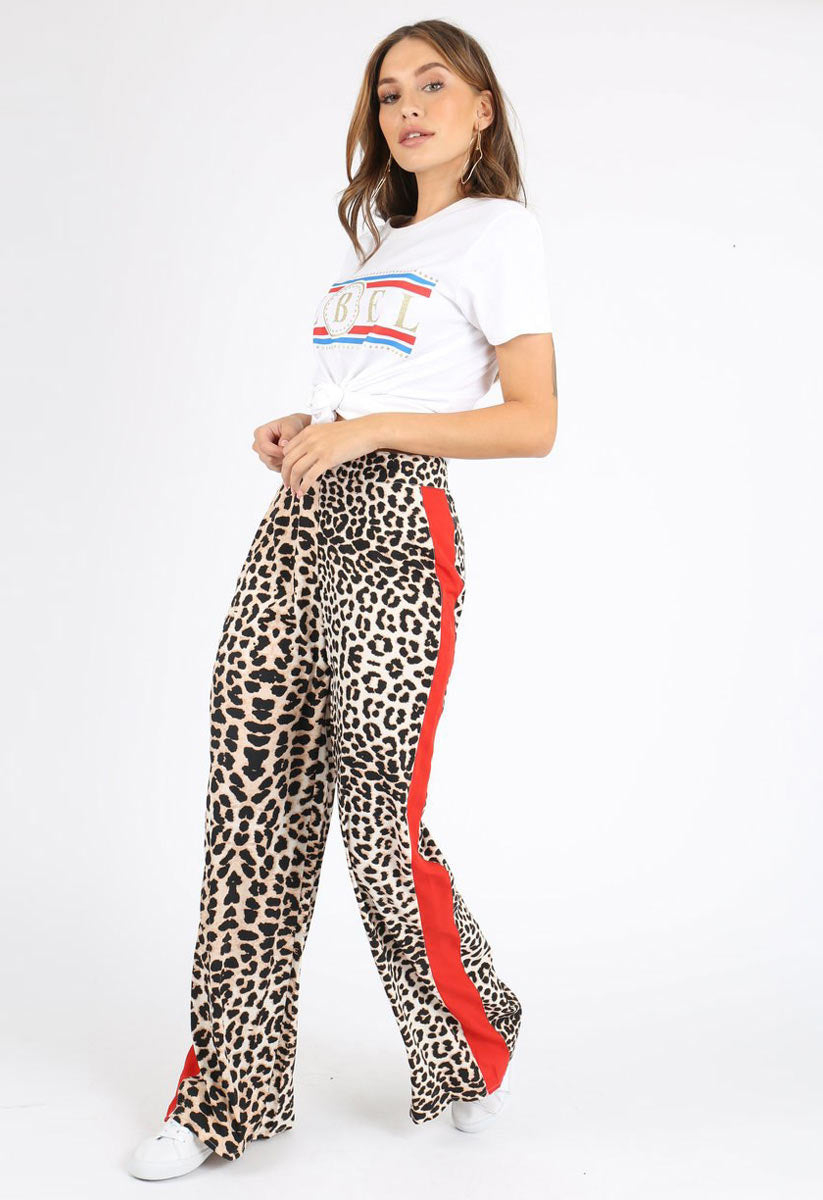 Leopard Print Sports Stripe Wide Leg Pants