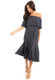 Navy Stripe Double Layer Bardot Midi Dress