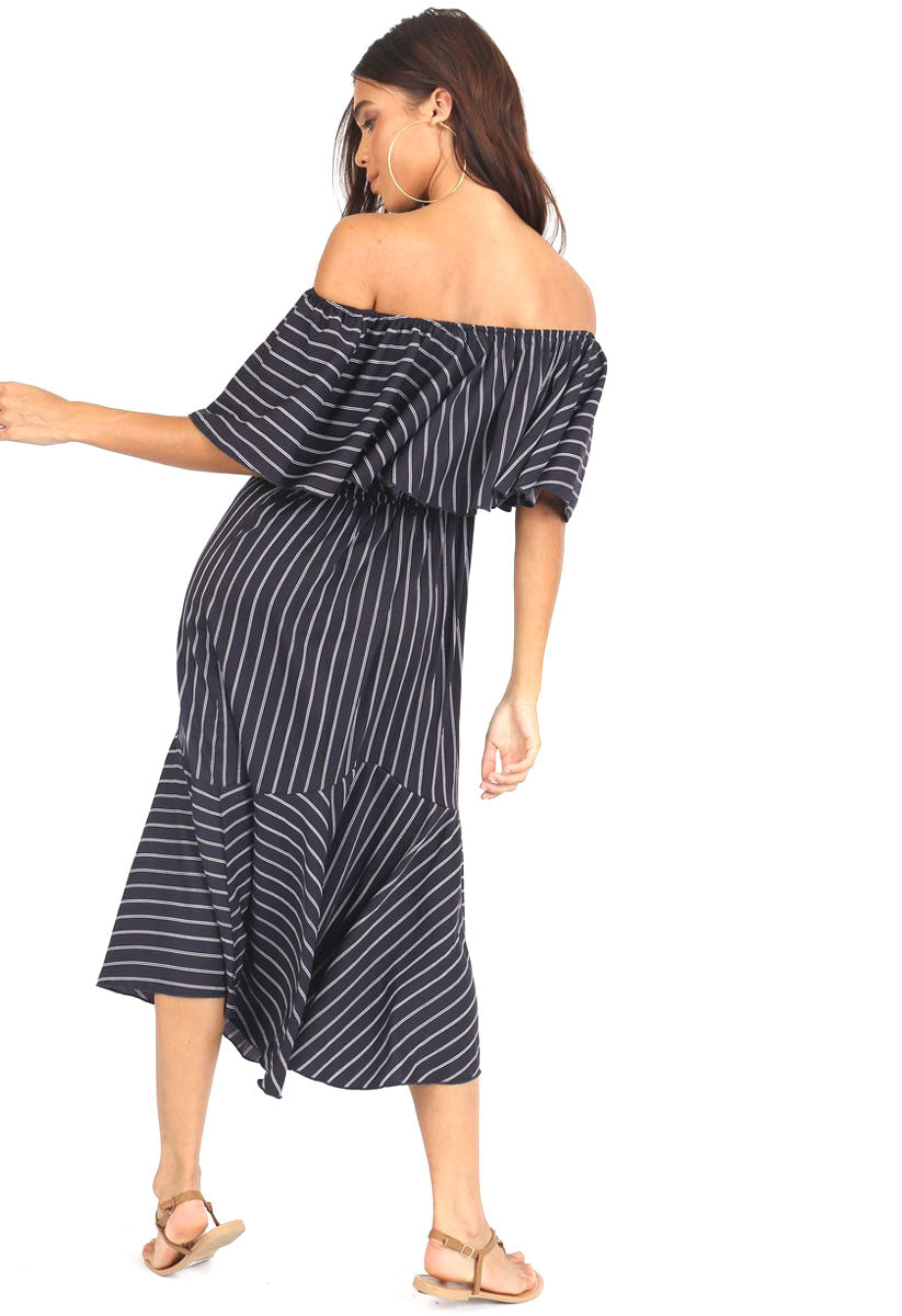 Navy Stripe Double Layer Bardot Midi Dress