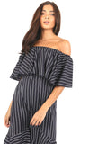 Navy Stripe Double Layer Bardot Midi Dress