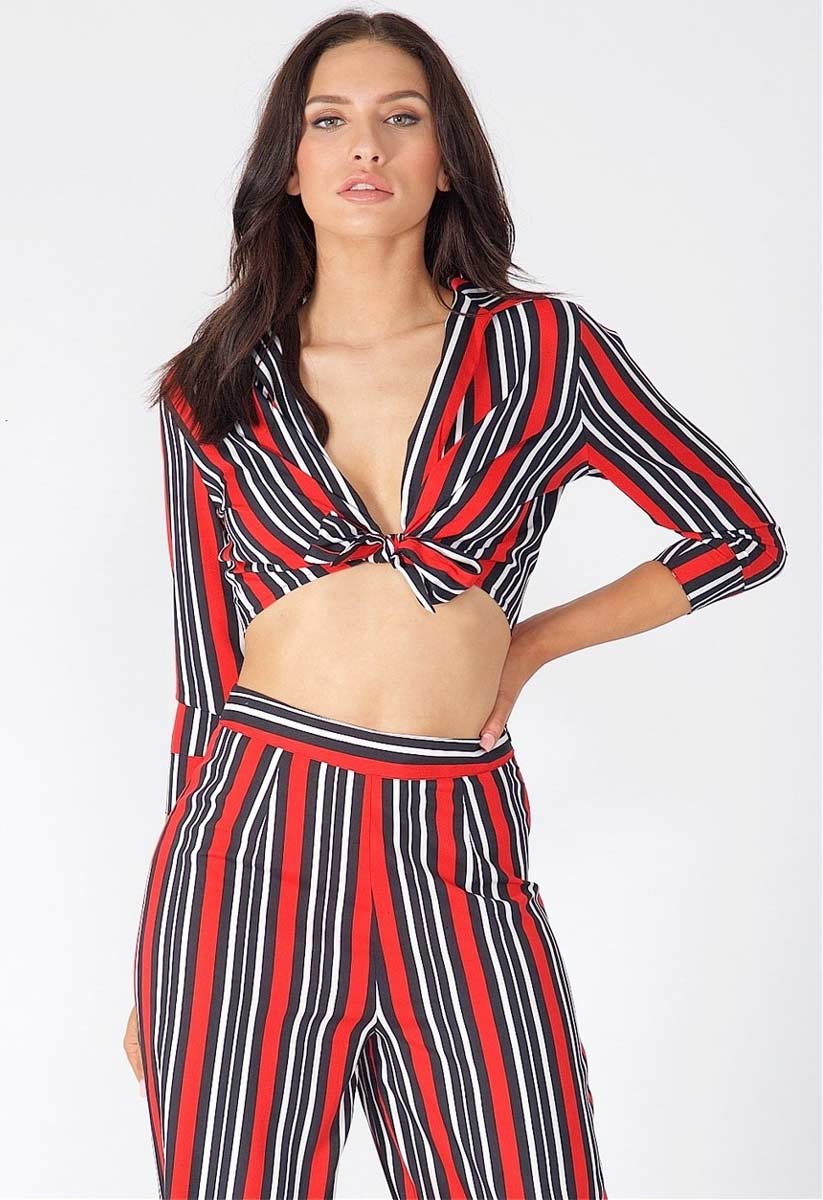 Red Stripe Crop Tie Top