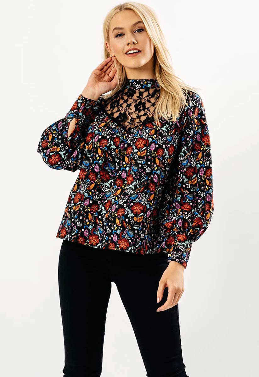 Black Floral Lace Contrast Top