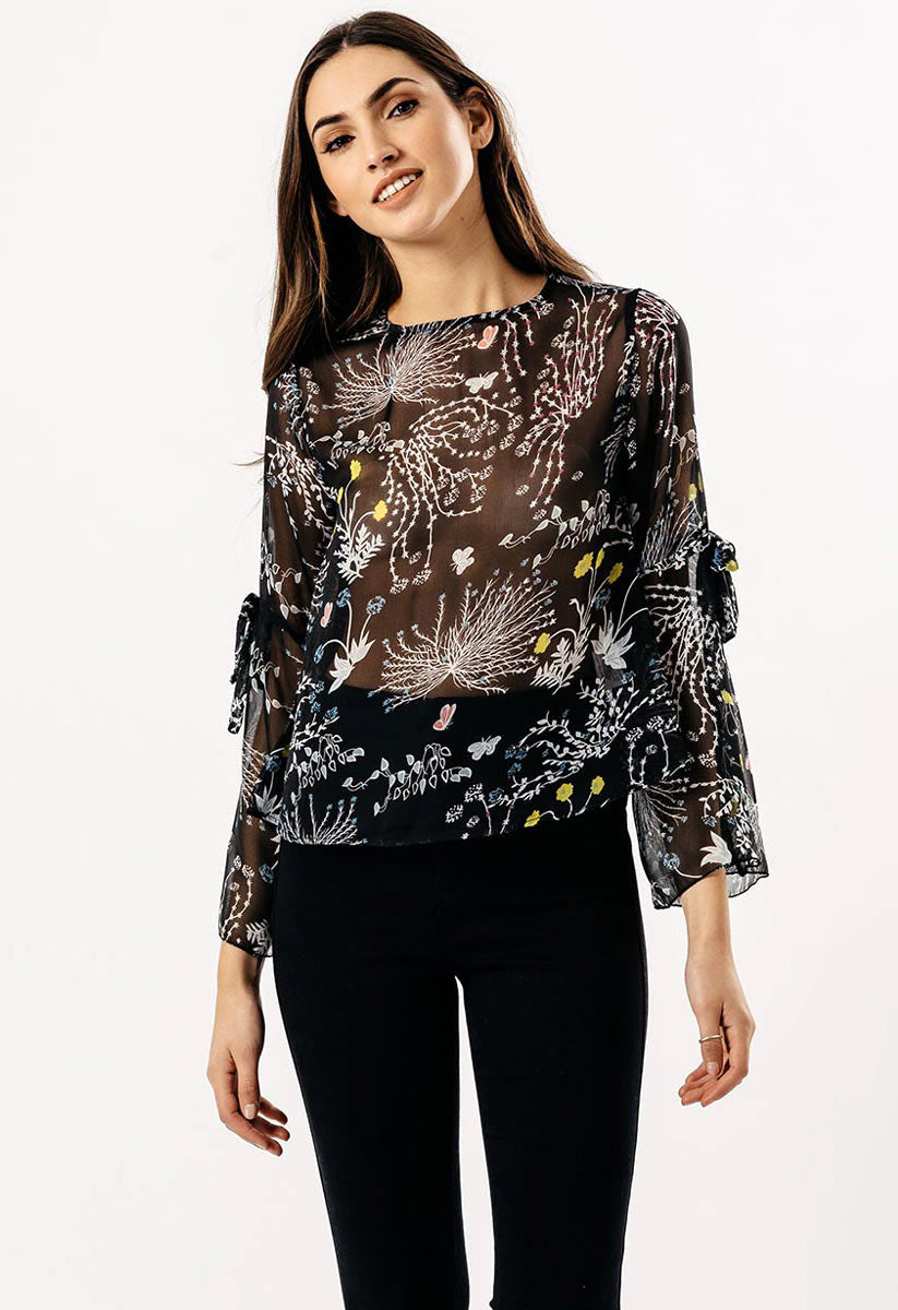 Black Nature Sheer Split Sleeve Blouse