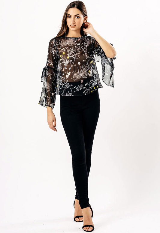 Black Nature Sheer Split Sleeve Blouse