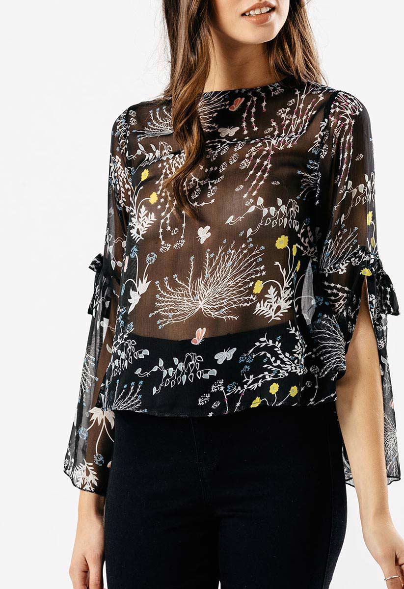 Black Nature Sheer Split Sleeve Blouse