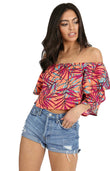 Multi Tropical Bardot Frill Sleeve Crop Top