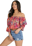 Multi Tropical Bardot Frill Sleeve Crop Top