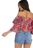 Multi Tropical Bardot Frill Sleeve Crop Top