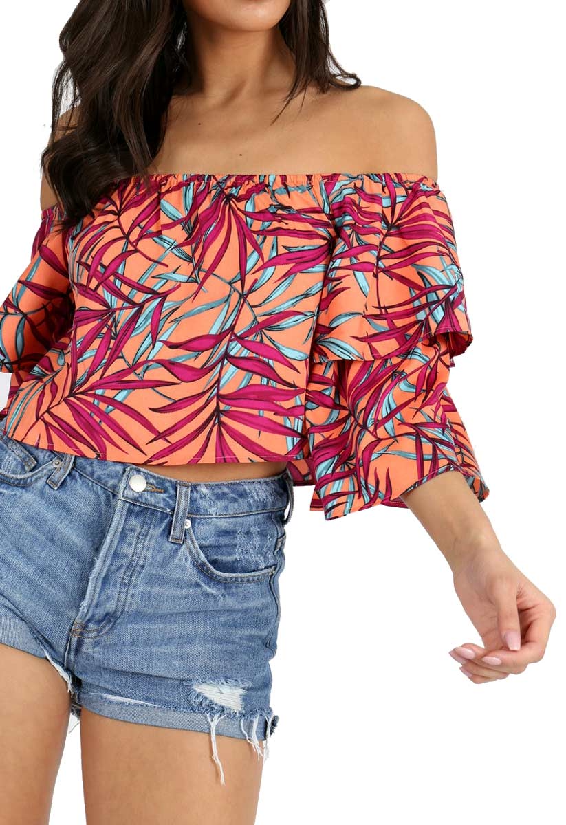 Multi Tropical Bardot Frill Sleeve Crop Top