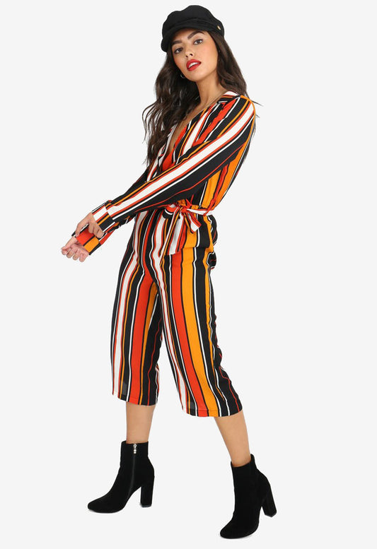 Mustard Stripe Wrap Jumpsuit with Tie Belt