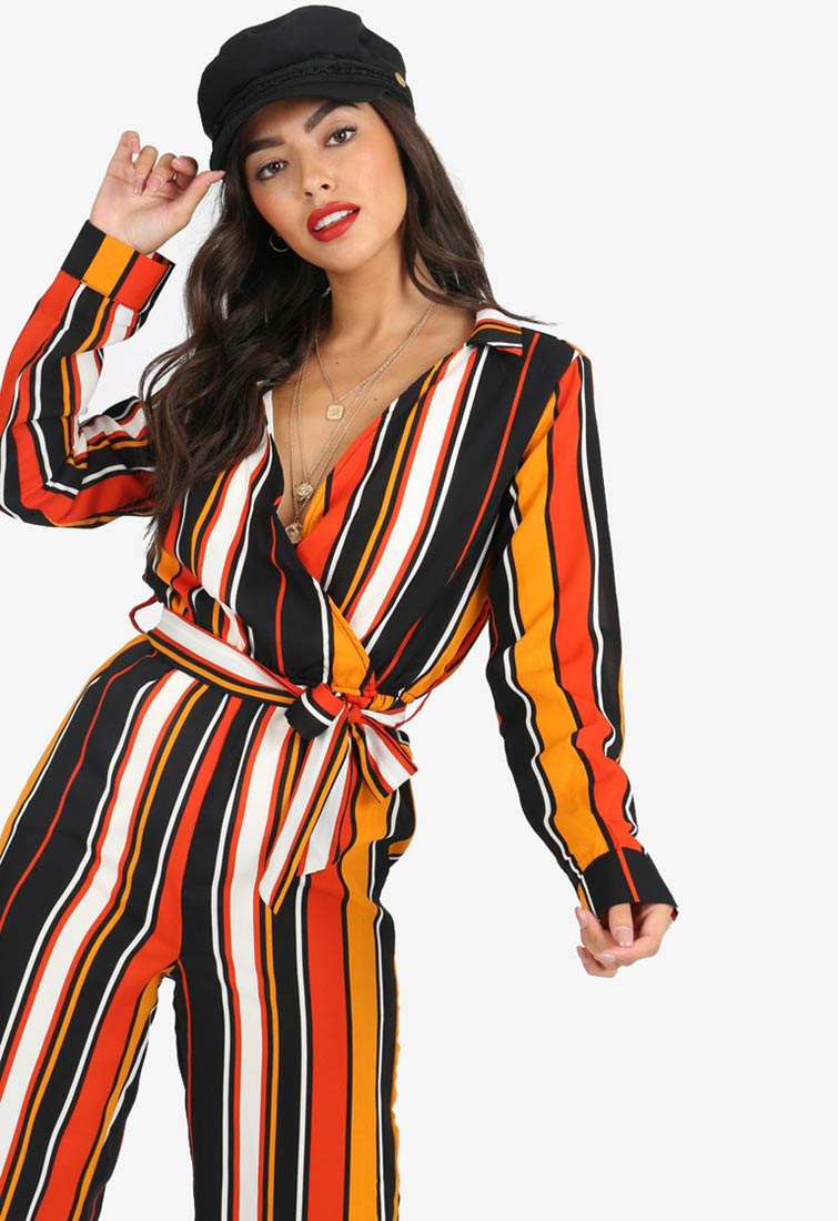 Mustard Stripe Wrap Jumpsuit with Tie Belt