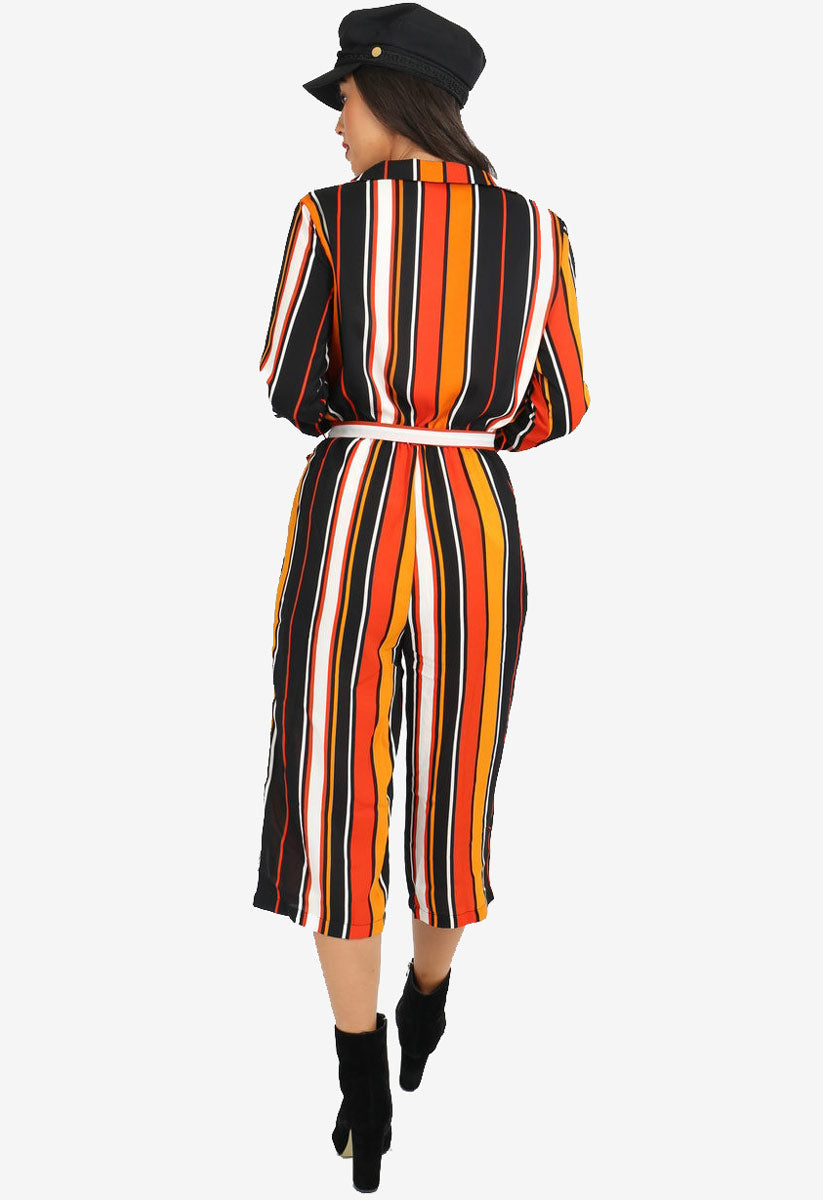 Mustard Stripe Wrap Jumpsuit with Tie Belt