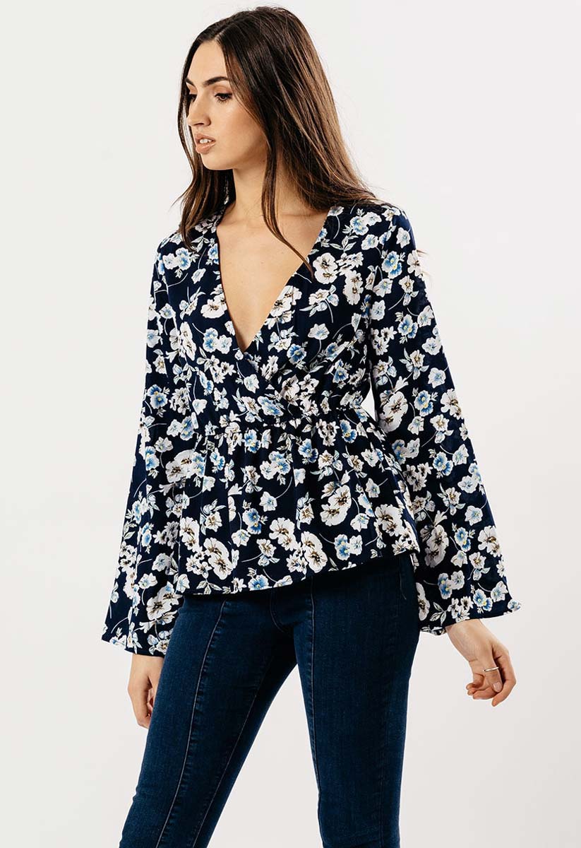 Navy Floral Flute Sleeve Wrap Top