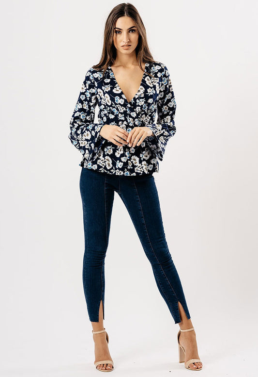 Navy Floral Flute Sleeve Wrap Top