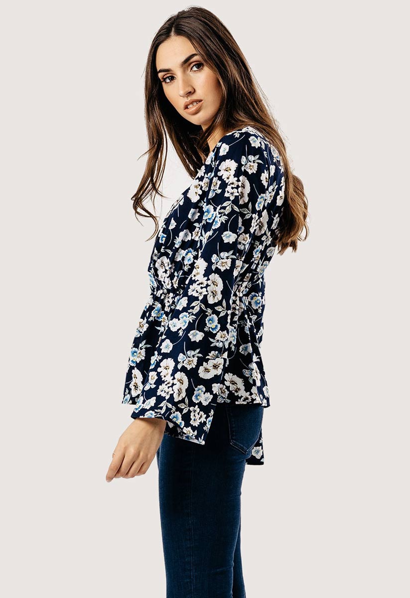 Navy Floral Flute Sleeve Wrap Top