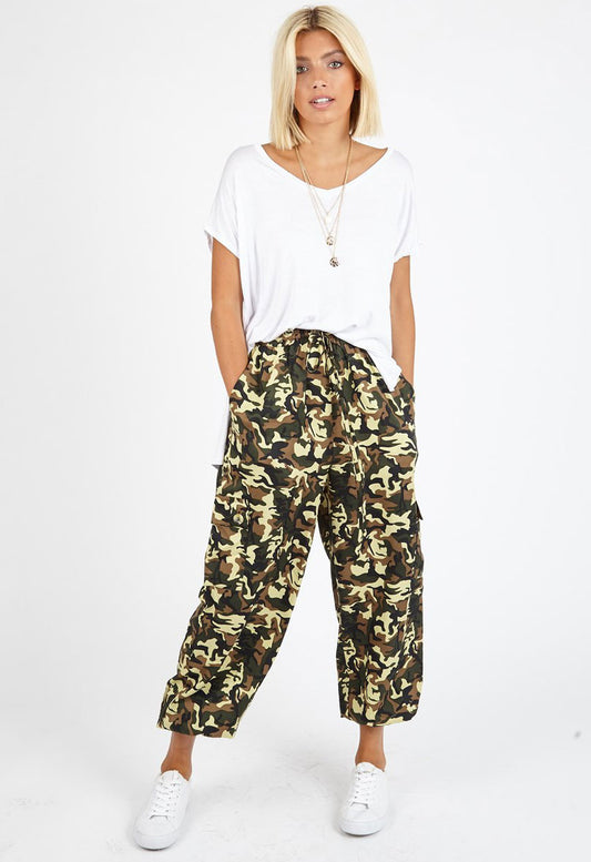 Camo Print Tie Front Trousers