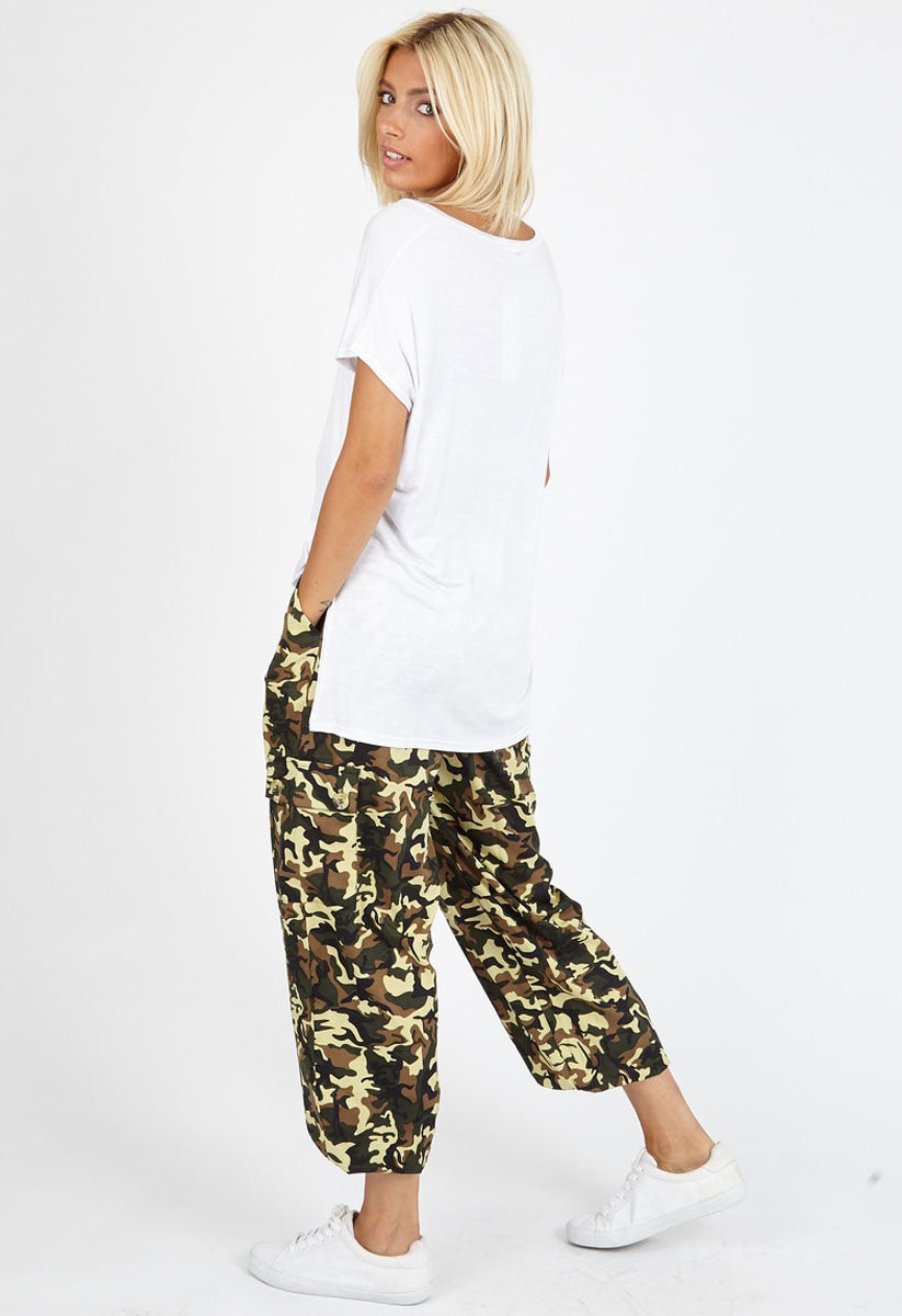 Camo Print Tie Front Trousers