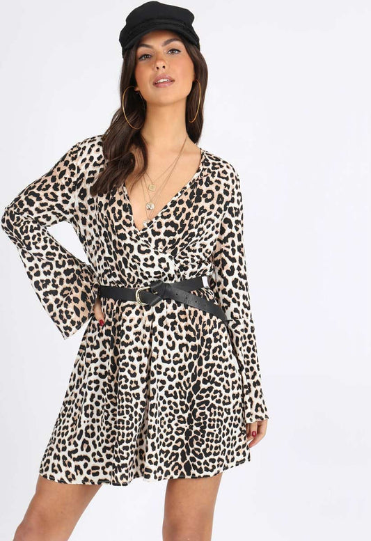 Leopard Print Flue Sleeve Skater Dress