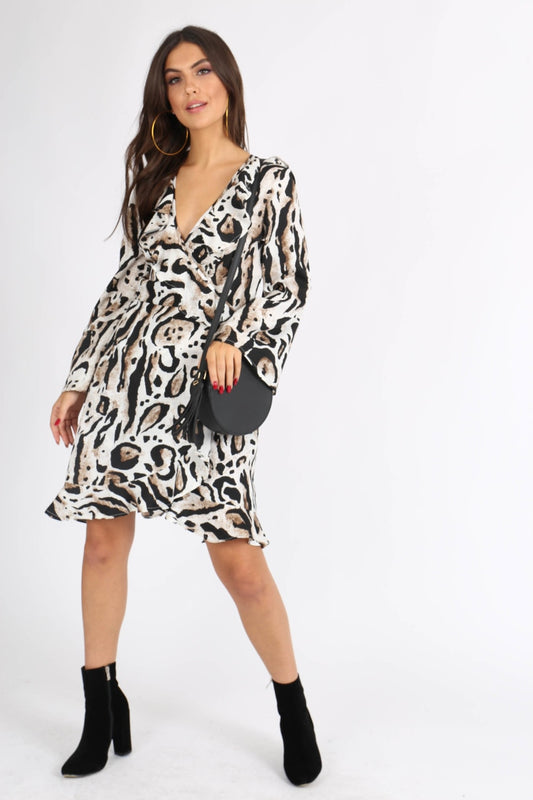 Leopard Print Flute Sleeve Mini Wrap Dress