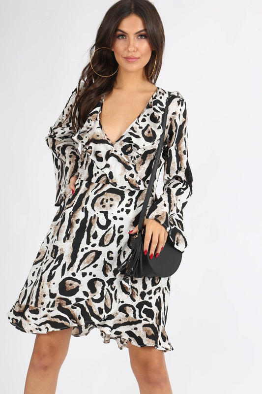 Leopard Print Flute Sleeve Mini Wrap Dress