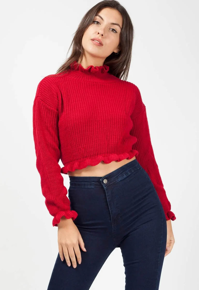 Red Ruffle Detail Cropped Knitted Jumper