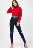 Red Ruffle Detail Cropped Knitted Jumper