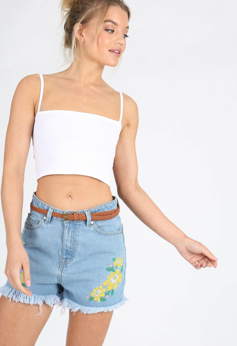 Light Wash Frayed Hem Embroidered Denim Shorts