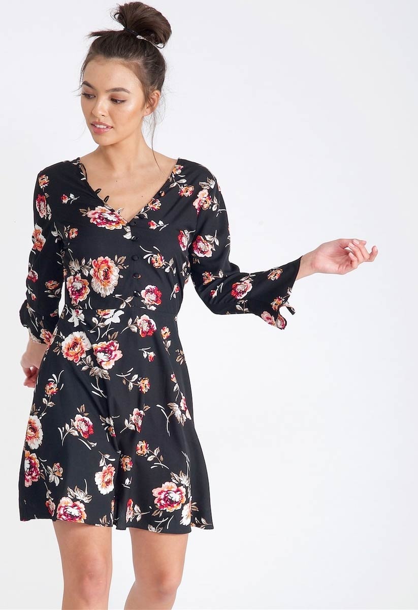 Black Floral Button Detail V Neck Mini Tea Dress