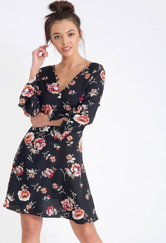 Black Floral Button Detail V Neck Mini Tea Dress