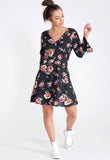 Black Floral Button Detail V Neck Mini Tea Dress