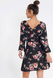 Black Floral Button Detail V Neck Mini Tea Dress