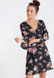 Black Floral Button Detail V Neck Mini Tea Dress