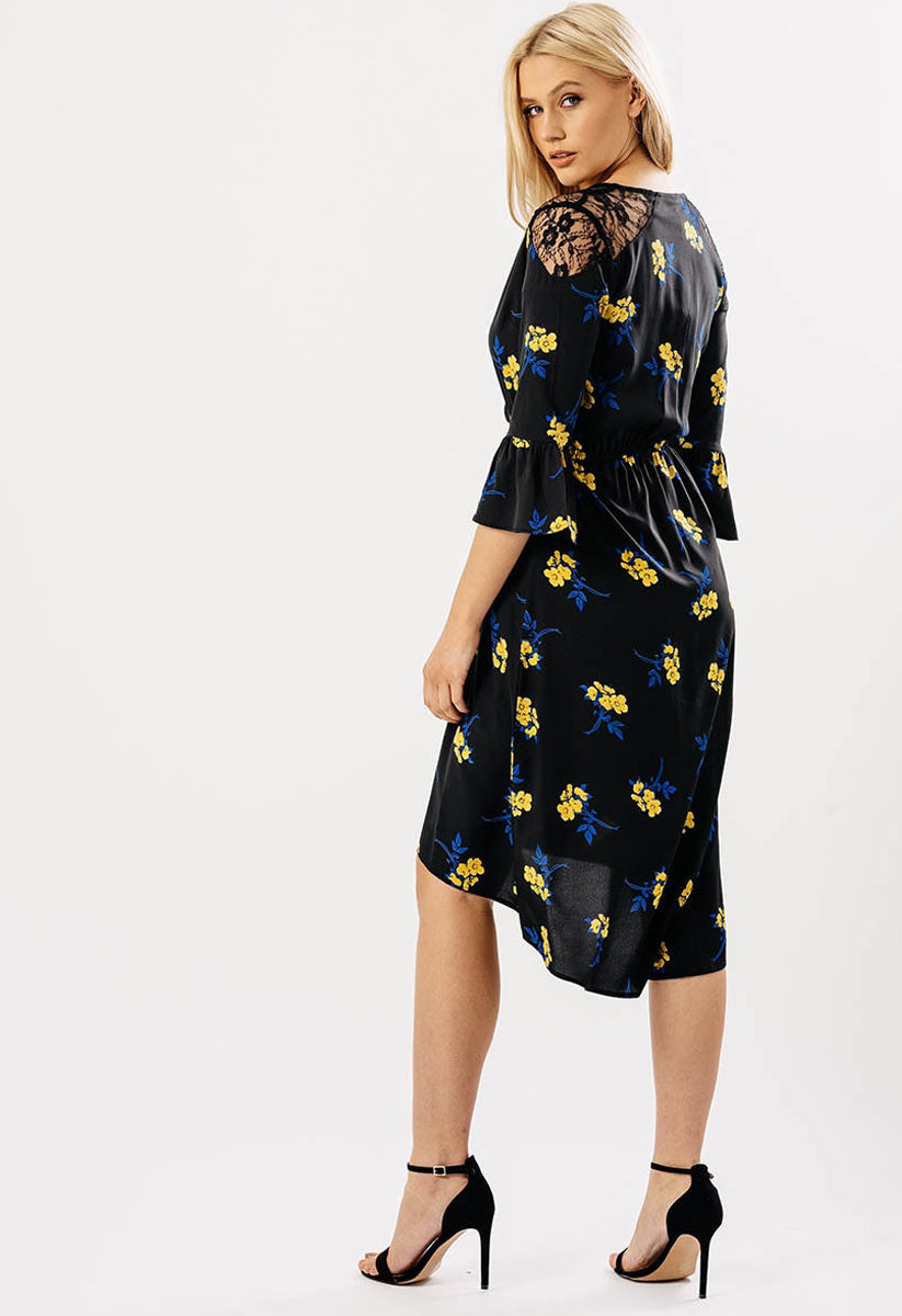 Black Floral Lace Detail Wrap Midi Dress