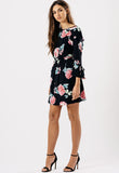 Black Rose Print Ruffle Back Detail Mini Dress