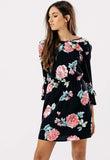 Black Rose Print Ruffle Back Detail Mini Dress