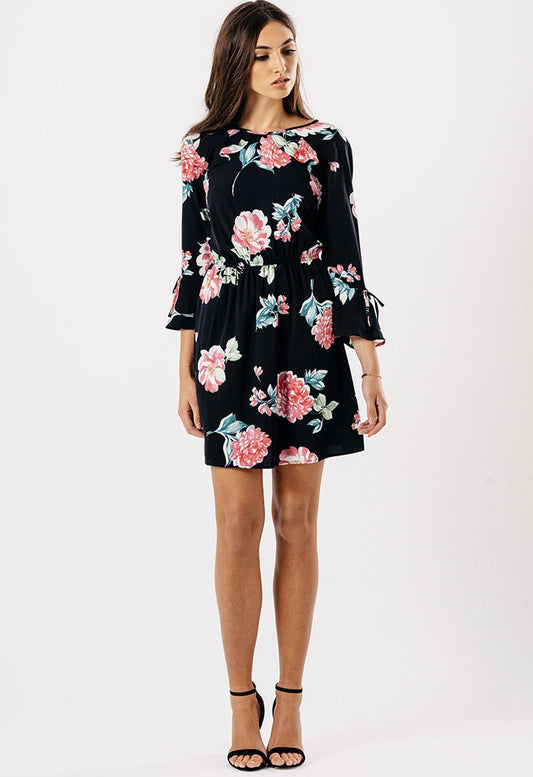 Black Rose Print Ruffle Back Detail Mini Dress