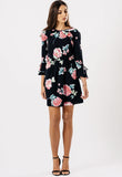 Black Rose Print Ruffle Back Detail Mini Dress