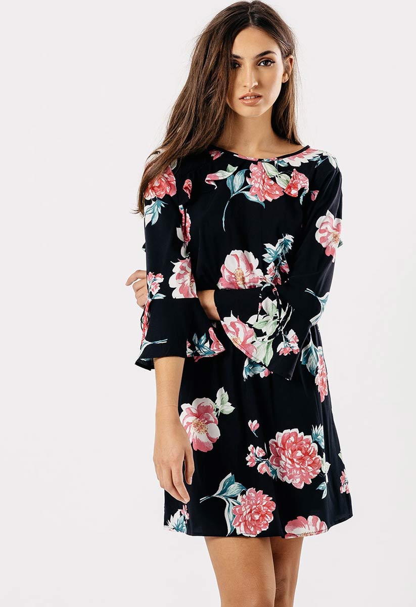 Black Rose Print Ruffle Back Detail Mini Dress