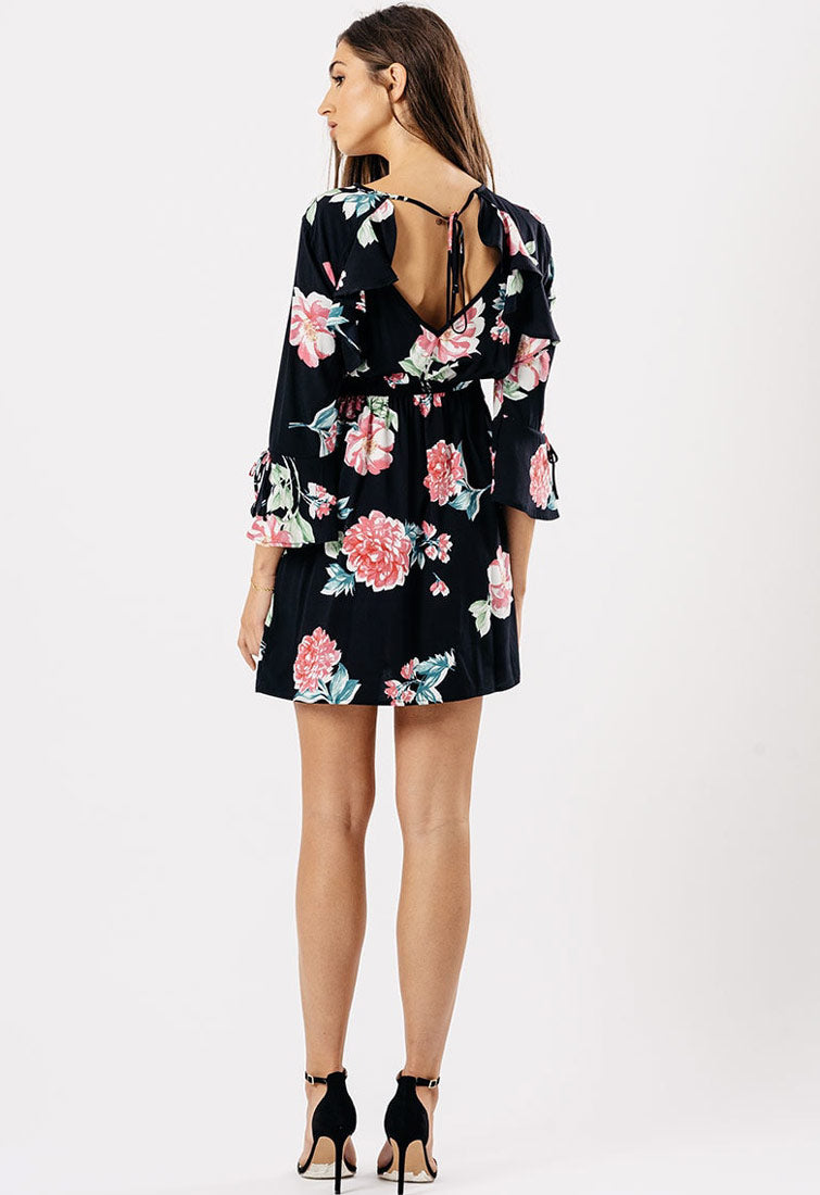 Black Rose Print Ruffle Back Detail Mini Dress