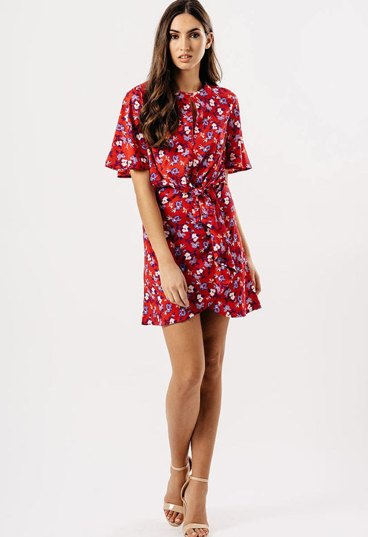 Red Floral Tie Knot Front Mini Dress