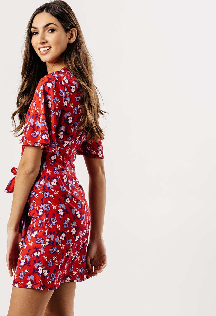 Red Floral Tie Knot Front Mini Dress