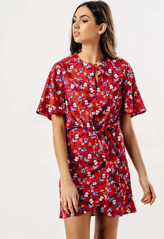 Red Floral Tie Knot Front Mini Dress