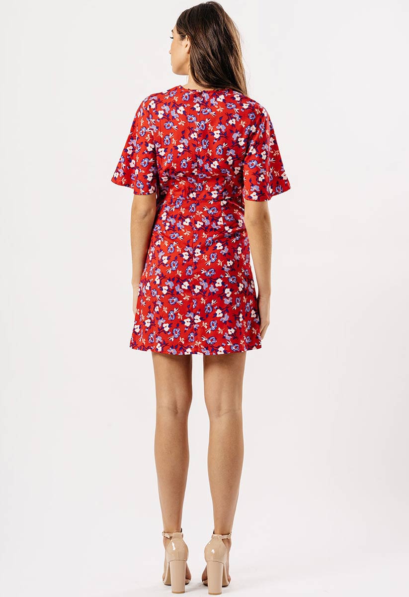 Red Floral Tie Knot Front Mini Dress