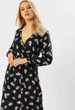 Black Floral Long Sleeve Wrap Midi Dress