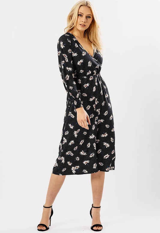 Black Floral Long Sleeve Wrap Midi Dress