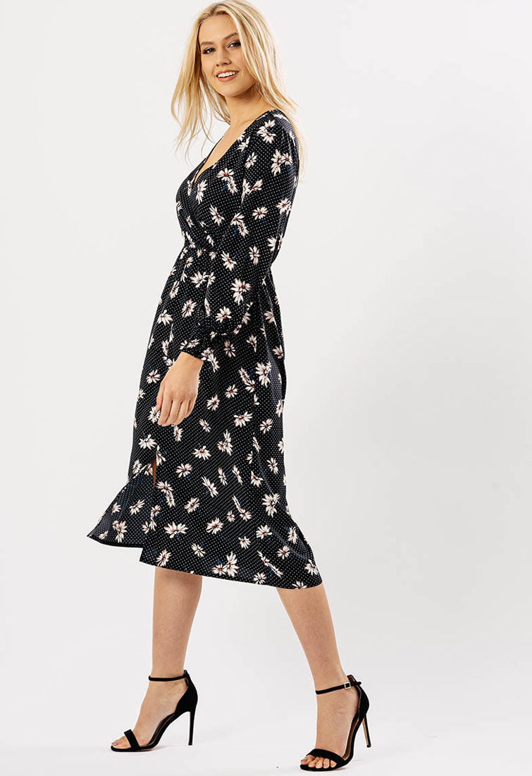 Black Floral Long Sleeve Wrap Midi Dress