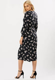 Black Floral Long Sleeve Wrap Midi Dress