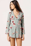 Mint Floral Bell Sleeved V Neck Playsuit